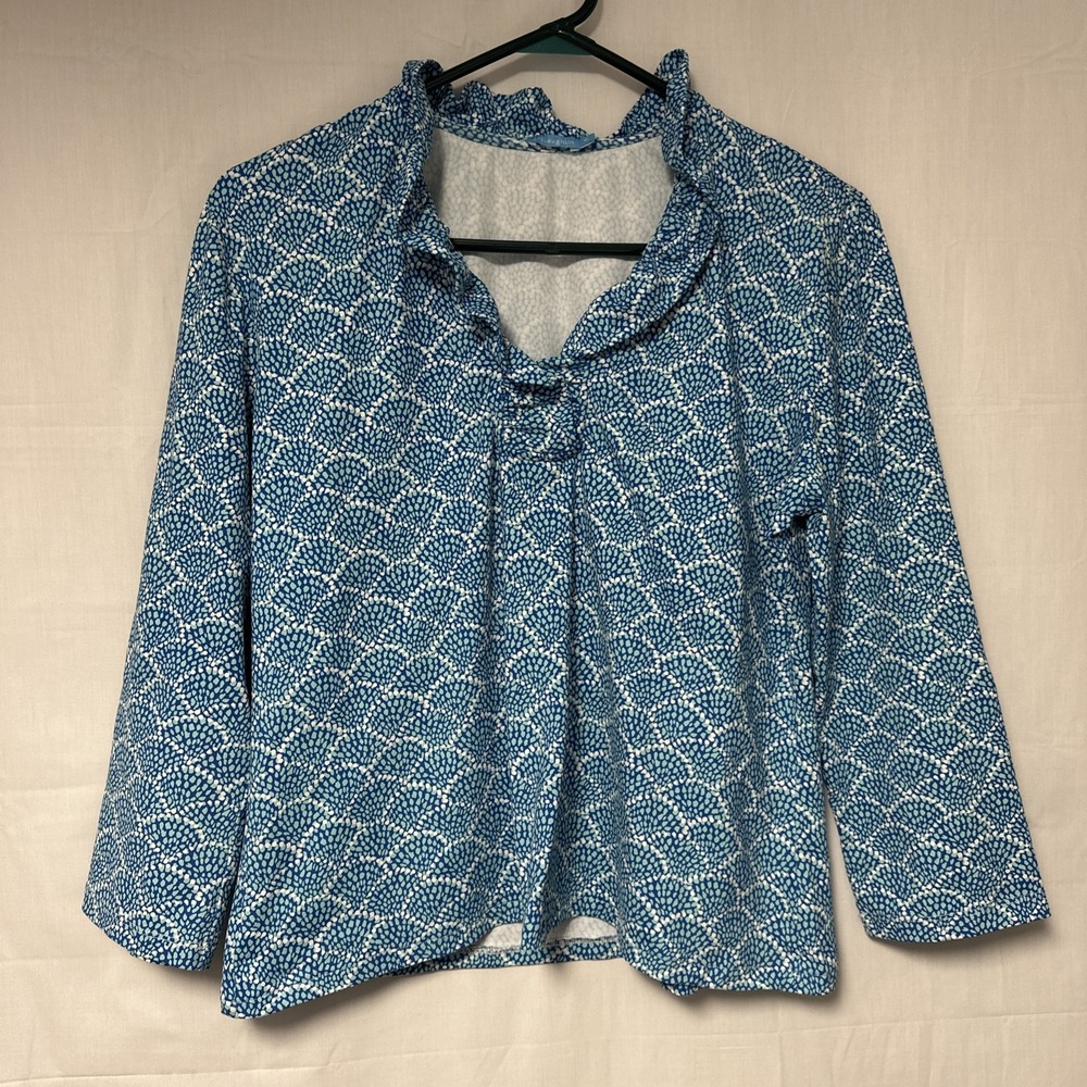 J. McLaughlin Catalina Cloth Durham Ruffle Neck Printed Blue Top XL AOP Chic Lux